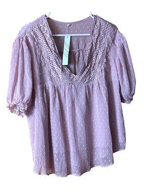 Gaovat Women’s Pink Swiss Dot Lace V-Neck Blouse Size Large Short Puff Sleeves